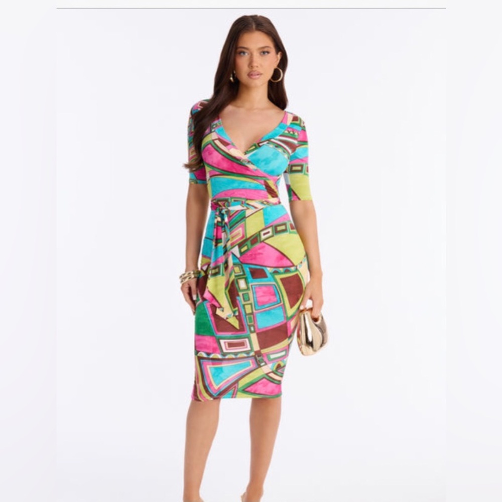 Fashion Nova, Multi-Color Midi Dress with self-tie belt in medium